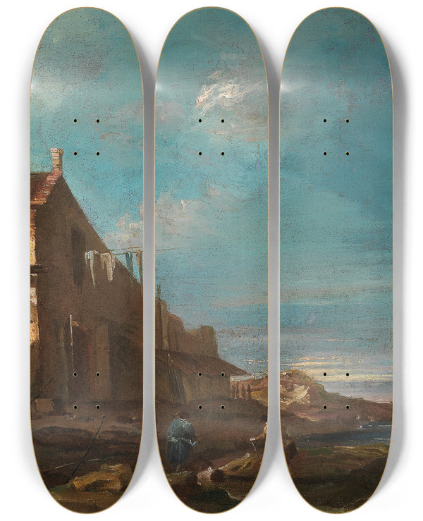 Triptych art skateboard deck of Francesco Guardi A Coastal Architectural Capriccio by Francesco Guardi (1712-1793)