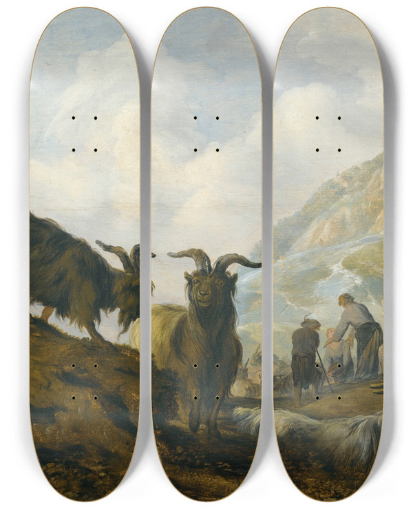 Triptych art skateboard deck of Jacobus Sibrandi Mancadan Goats On A Hillside With Herders Beyond by Jacobus Sibrandi Mancadan (1602-1680)