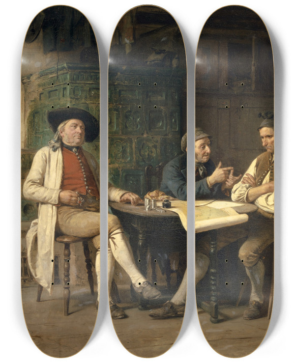 Triptych art skateboard deck of Benjamin Vautier The Peasant In Debt by Benjamin Vautier (1829-1898)