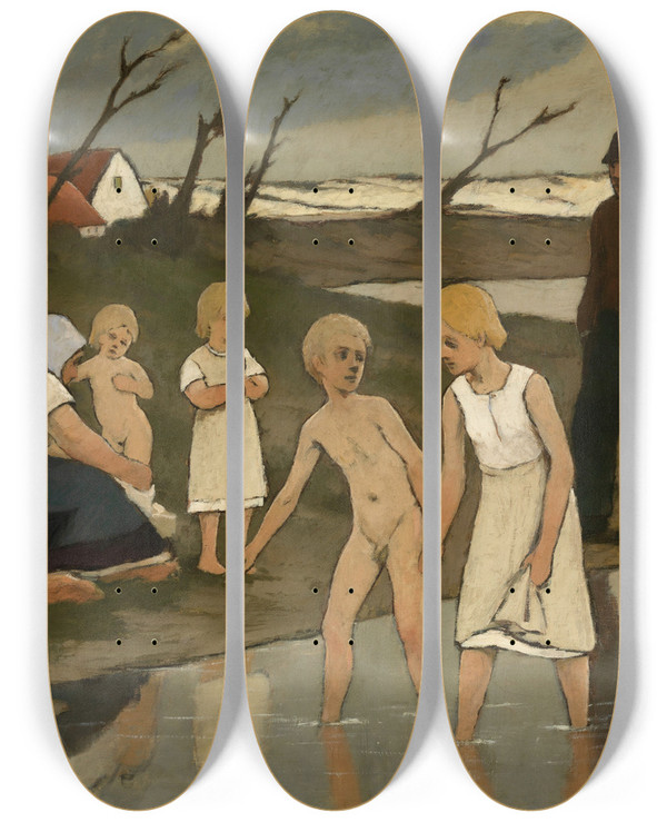 Triptych art skateboard deck of Eugne Laermans Children Bathing by Eugene Laermans (1864-1940)