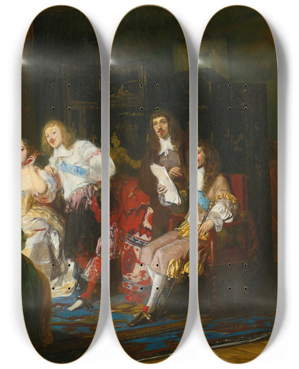 Triptych art skateboard deck of Joseph Nicolas Robertfleury Une Lecture Chez Madame De Sevigne by Joseph Nicolas Robert-Fleury (1797-1890)