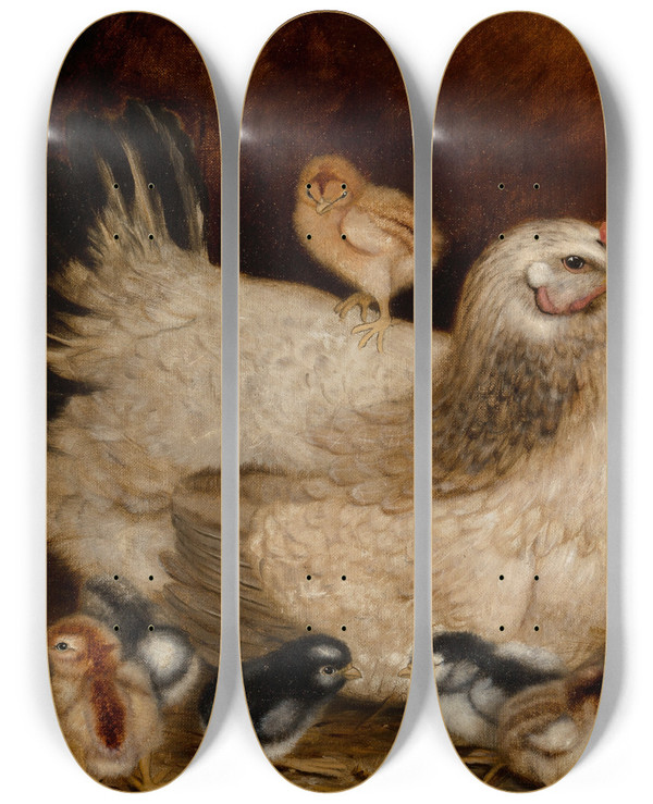 Triptych art skateboard deck of Ben Austrian Mother Hen And Chicks by Ben Austrian (1870-1921)