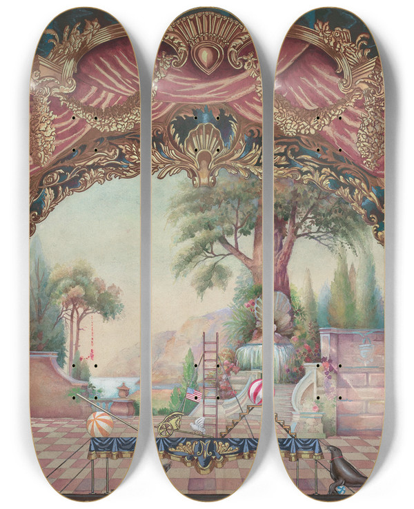 Triptych art skateboard deck of Perkins Harnly Backdrop For Vaudeville Stage by Perkins Harnly (1901-1986)