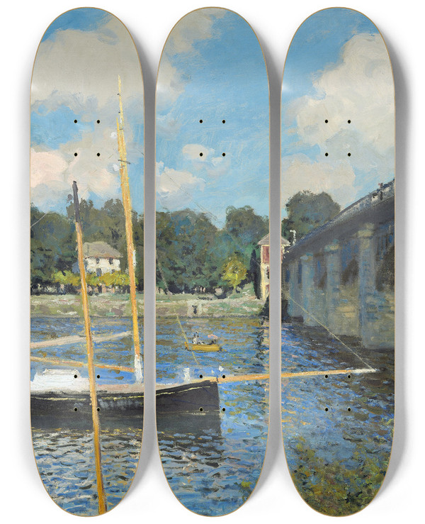 Triptych art skateboard deck of Claude Monet The Bridge At Argenteuil by Claude Monet (1840-1926)
