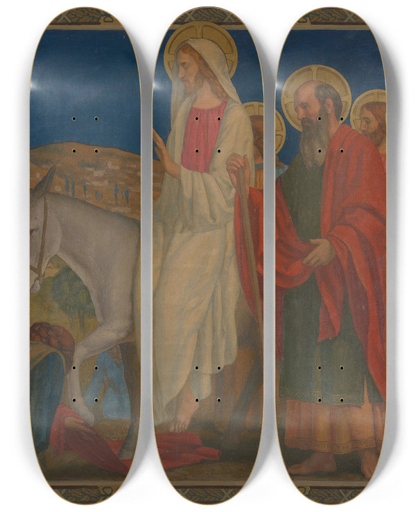 Triptych art skateboard deck of Henry Siddons Mowbray Entry Into Jerusalem by Henry Siddons Mowbray (1858-1928)