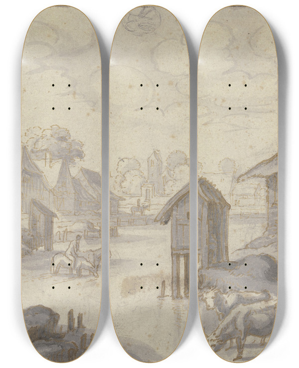 Triptych art skateboard deck of Matthus Merian The Elder Monatsbild September Oben Mittig Das Zeichen Der Waage by Matthus Merian the elder (1593-1650)