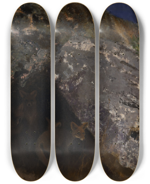 Triptych art skateboard deck of Bruno Liljefors Fox Cubs by Bruno Liljefors (1860-1939)