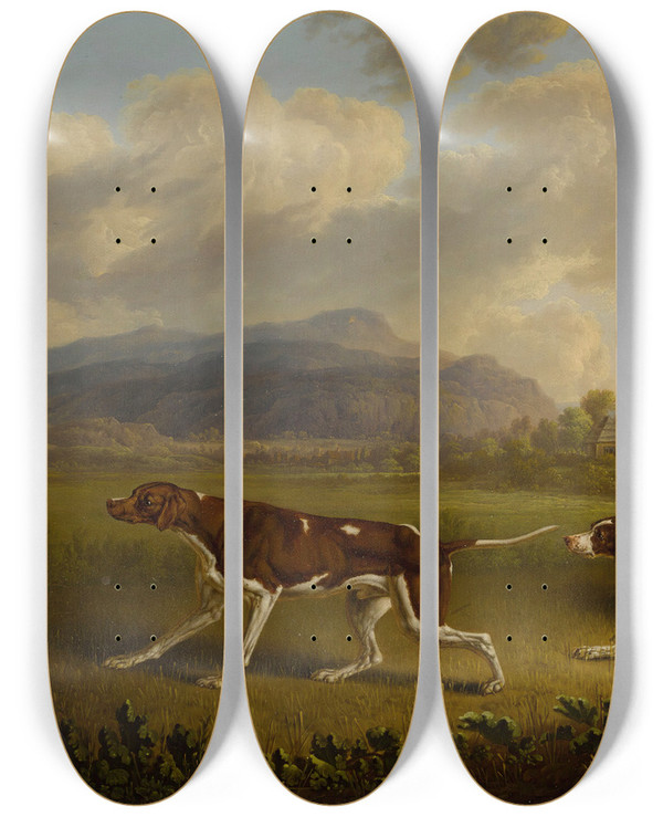 Triptych art skateboard deck of Charles Towne Two Pointers In A Landscape by Charles Towne (1763-1840)