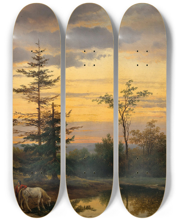 Triptych art skateboard deck of Cornelis Lieste A Summer Evening On The Riverbank by Cornelis Lieste (1817-1861)