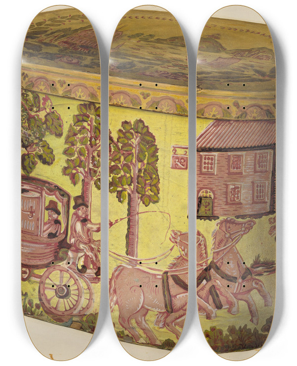 Triptych art skateboard deck of Eleanor Ruelos Bandbox Design Stagecoach by Eleanor Ruelos