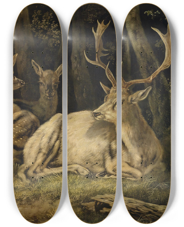Triptych art skateboard deck of August Schleich Dammwild by August Schleich (1814-1865)