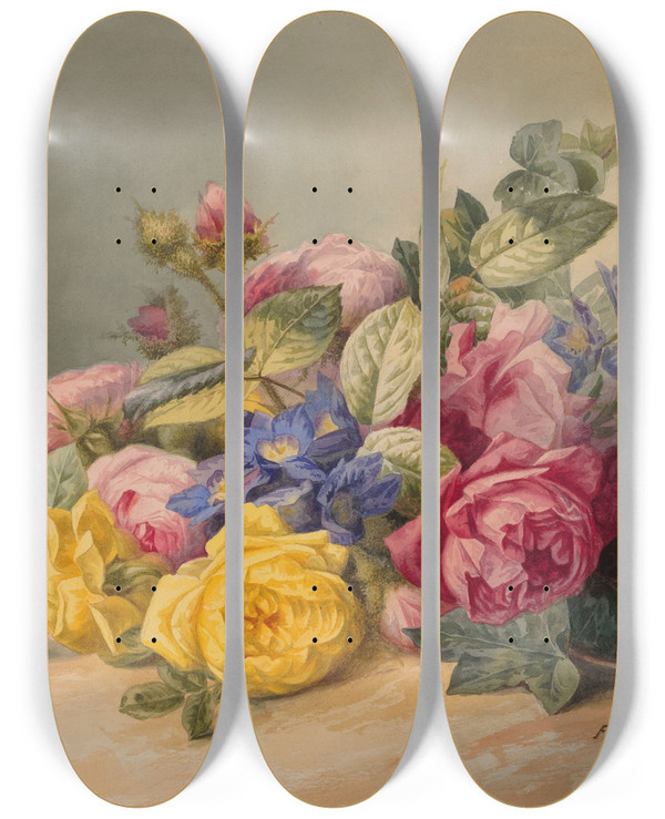 Triptych art skateboard deck of Franois Charette Still Life With Flowers by Francois Charette