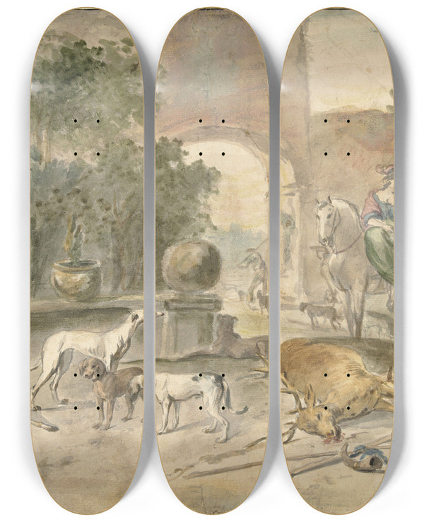 Triptych art skateboard deck of Hendrik Verschuring Jachttafereel by Hendrik Verschuring (1627-1690)