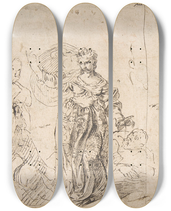Triptych art skateboard deck of Pietro Novelli Sheet With Figure Studies by Pietro Novelli (1603-1647)