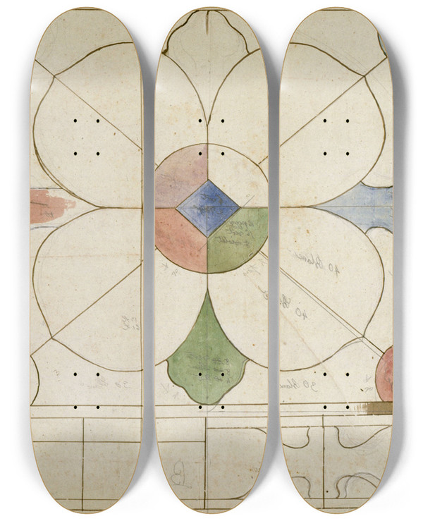 Triptych art skateboard deck of Prosper Lafaye Projet De Panneau De Vitrail Dcor Quadrilob by Prosper Lafaye (1806-1883)