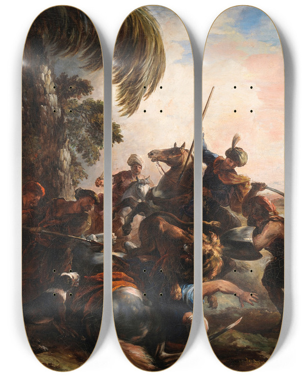Triptych art skateboard deck of Joseph Parrocel Lion Hunt by Joseph Parrocel (1646-1704)