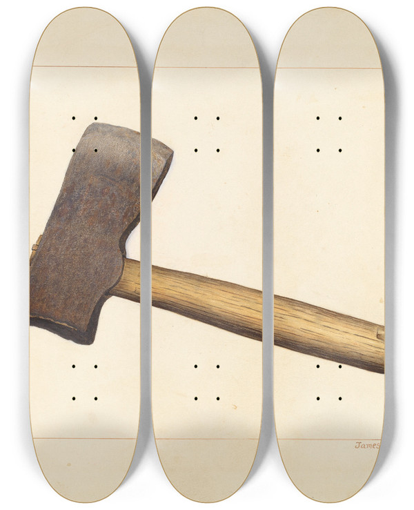 Triptych art skateboard deck of James M Lawson Post Axe by James M Lawson