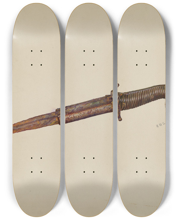 Triptych art skateboard deck of Anne B Trepagnier Pistol Dagger by Anne B Trepagnier