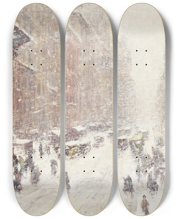 Triptych art skateboard deck of Guy Carleton Wiggins Snow Storm On The Avenue by Guy Carleton Wiggins (1883-1962)