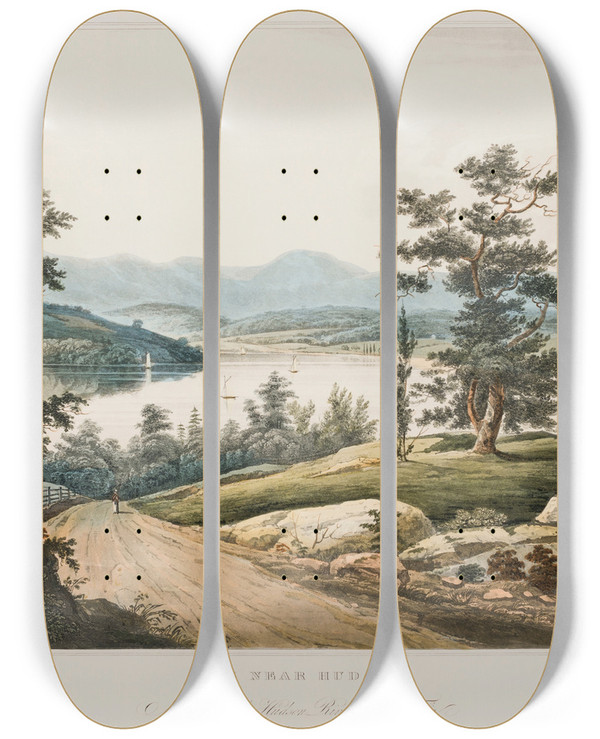 Triptych art skateboard deck of William Guy Wall View Near Hudson by William Guy Wall (1792-1864)