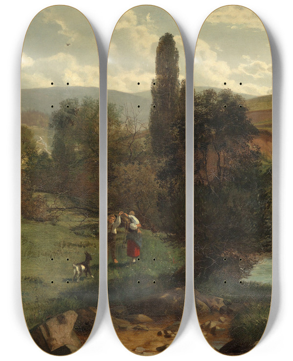 Triptych art skateboard deck of Hans Thoma Schwarzwaldlandschaft by Hans Thoma (1839-1924)