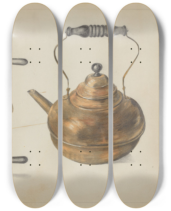Triptych art skateboard deck of Edith Magnette Burner And Kettle_1 by Edith Magnette (20-)