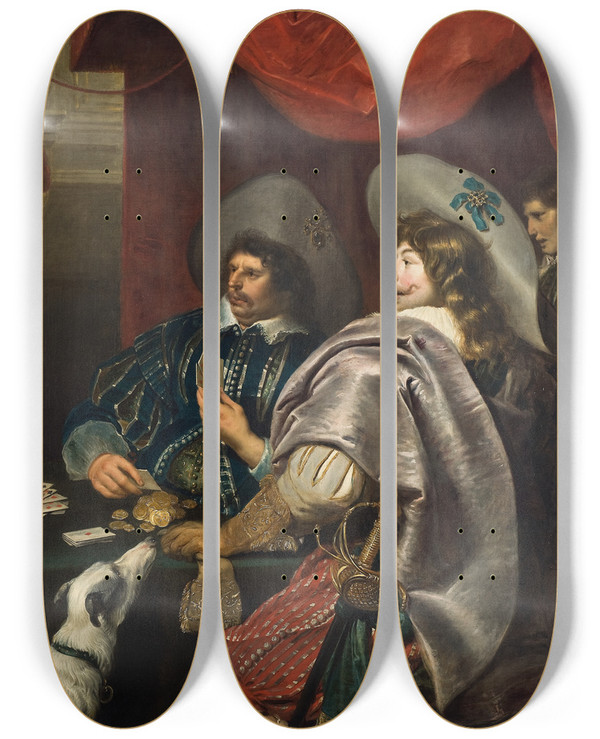 Triptych art skateboard deck of Cornelis De Vos The Card Game by Cornelis de Vos (1584-1651)