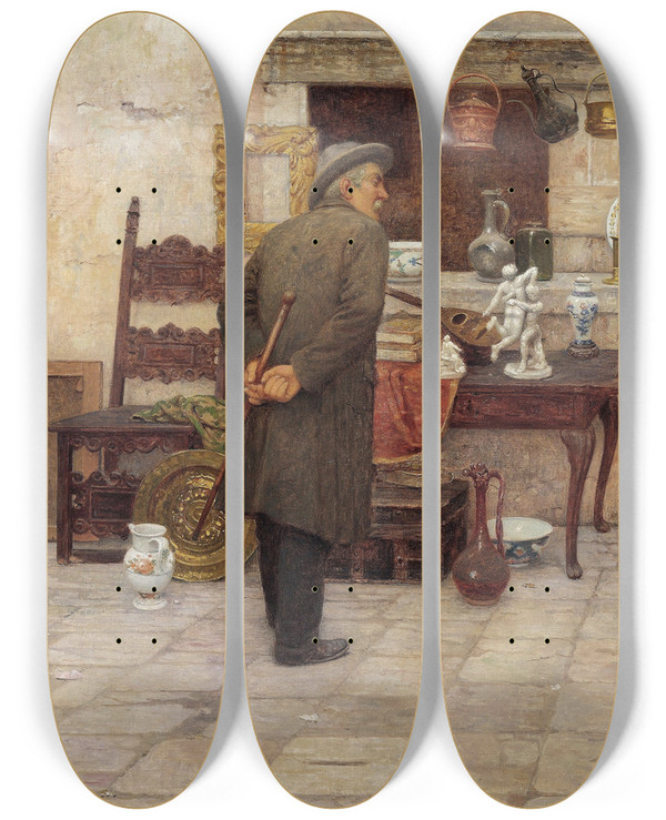 Triptych art skateboard deck of Luigi Pastega Der Kunstliebhaber by Luigi Pastega (1858-1927)