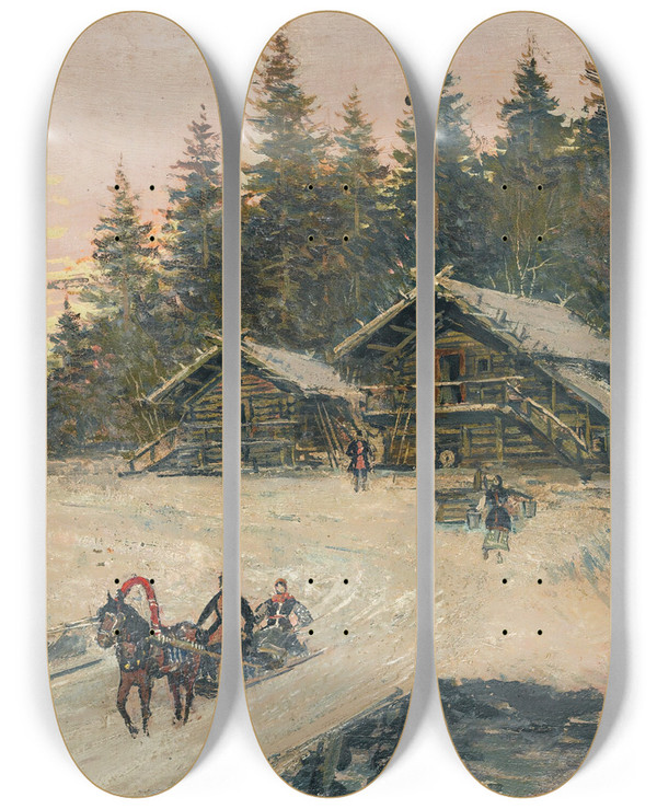 Triptych art skateboard deck of Konstantin Alexeevich Korovin Winter Scene With Troika by Konstantin Alexeevich Korovin (1861-1939)