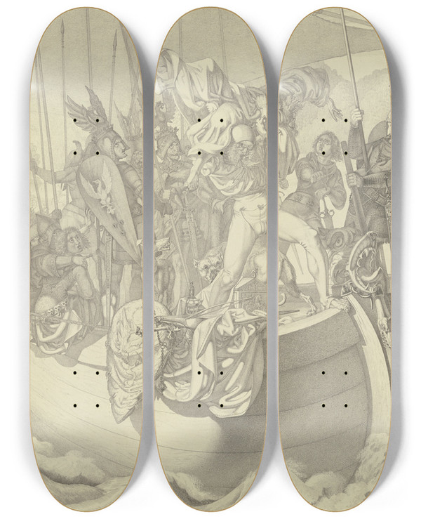 Triptych art skateboard deck of Ferdinand Fellner Hagen Wirft Den Kaplan Ber Bord by Ferdinand Fellner (1799-1859)