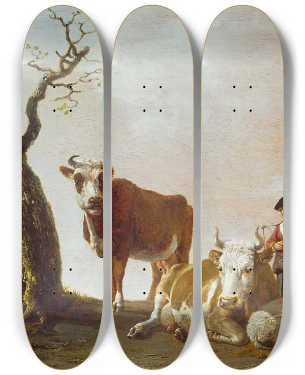 Triptych art skateboard deck of Paulus Potter The Milkmaid by Paulus Potter (1625-1654)