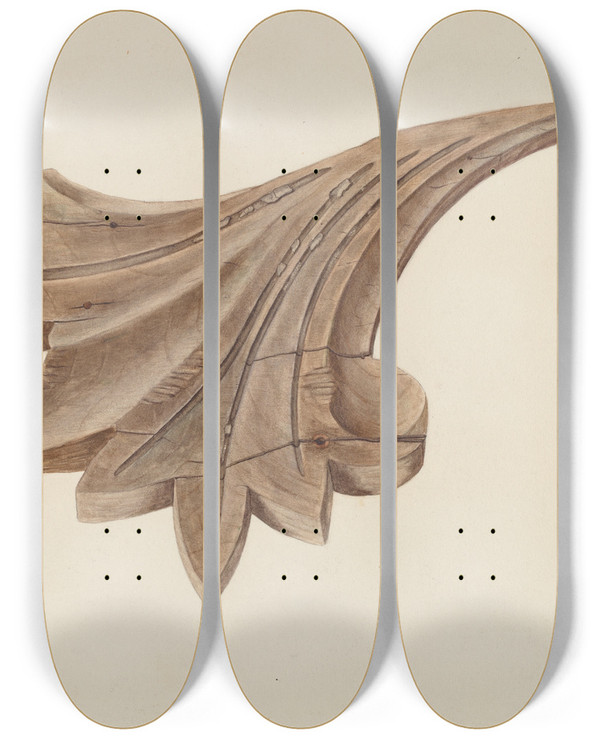 Triptych art skateboard deck of Clayton Clements Wood Carving Scroll_2 by Clayton Clements