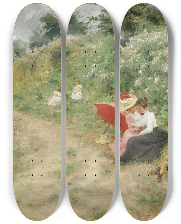 Triptych art skateboard deck of Hermann Seeger A Summer Outing by Hermann Seeger (1857-1945)