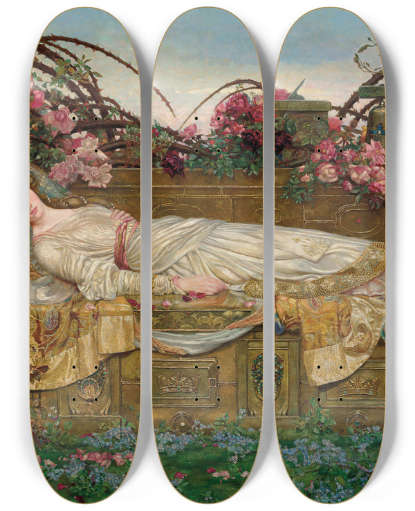 Triptych art skateboard deck of Archibald Wakley The Sleeping Beauty by Archibald Wakley (1873-1906)