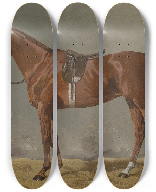 Triptych art skateboard deck of Emil Volkers Brauner Gesattelt Im Stall by Emil Volkers (1831-1905)