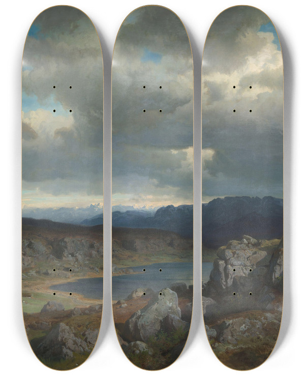 Triptych art skateboard deck of Hans Gude Norwegian Highlands_2 by Hans Gude (1825-1903)