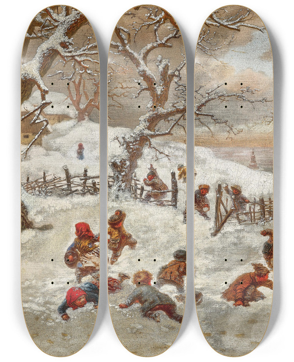 Triptych art skateboard deck of Ferdinand Mallitsch A Snowball Fight by Ferdinand Mallitsch (1820-1900)