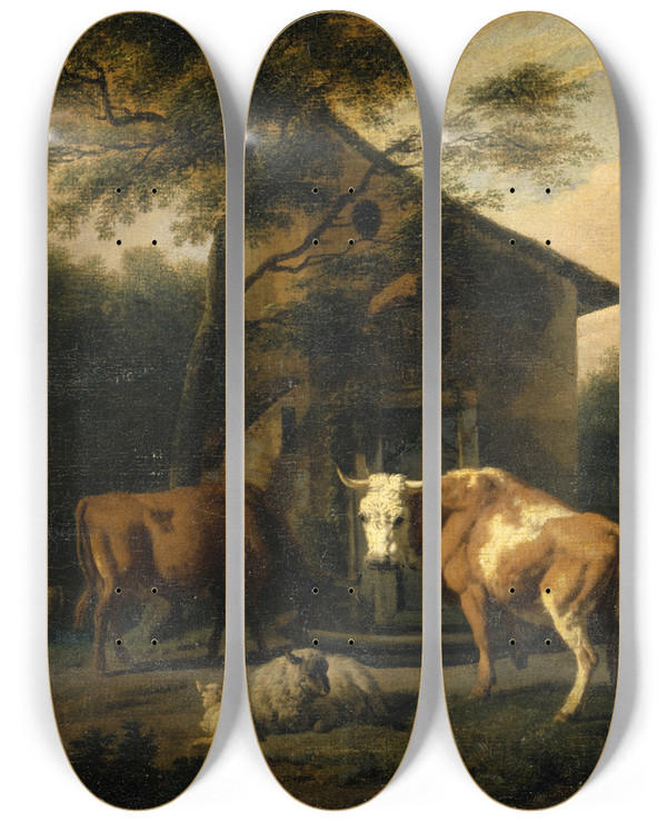 Triptych art skateboard deck of Dirck Van Bergen Grazing Cattle by Dirck Van Bergen (1645-1690)