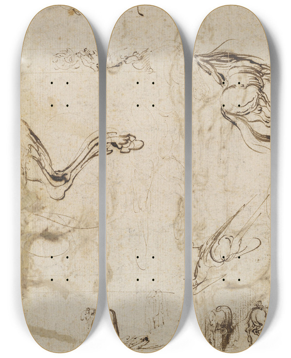 Triptych art skateboard deck of Jacques Callot Studies Of Horses Verso by Jacques Callot (1592-1635)