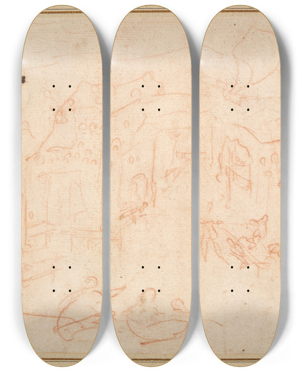 Triptych art skateboard deck of Jacques Callot A Stage Set by Jacques Callot (1592-1635)