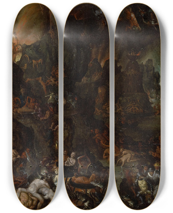 Triptych art skateboard deck of Carl Ludwig Beutler Torments Ofhell by Carl Ludwig Beutler (1638-1683)