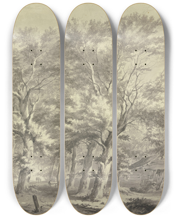 Triptych art skateboard deck of Franciscus Andreas Milatz Weg Durch Einen Wald Rechts Eine Windschiefe Htte Links Drei Bauern Bei Einem Wagen by Franciscus Andreas Milatz (1764-1808)