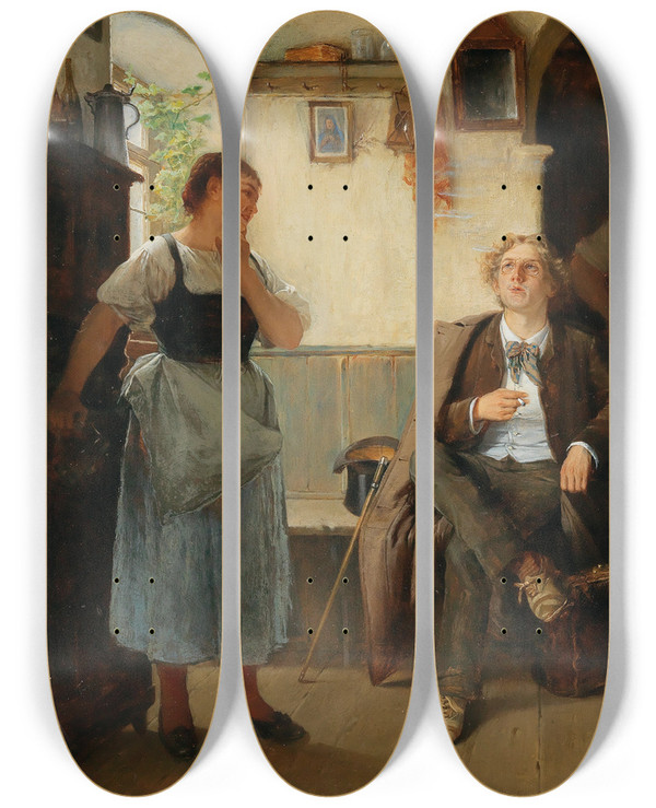 Triptych art skateboard deck of Josef Kinzel The Students Visit by Josef Kinzel (1852-1925)