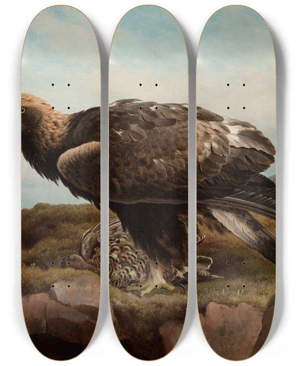 Triptych art skateboard deck of Ferdinand Von Wright Golden Eagle At A Cliffs Edge by Ferdinand von Wright (1822-1906)