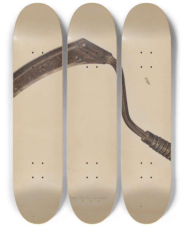 Triptych art skateboard deck of Lloyd Charles Lemcke Hand Sickle by Lloyd Charles Lemcke