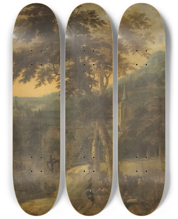 Triptych art skateboard deck of Gerrit Battem A Village Celebration by Gerrit Battem (1636-1684)