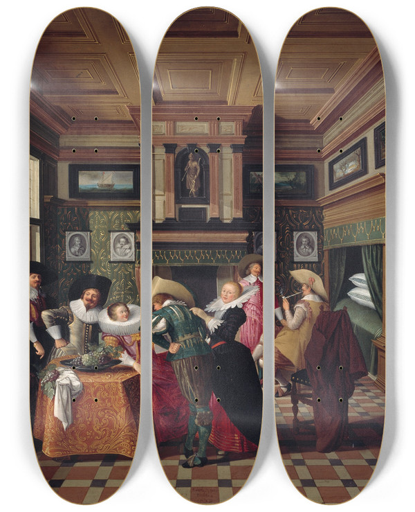 Triptych art skateboard deck of Dirck Van Delen An Interior With Ladies And Cavaliers by Dirck Van Delen (1604-1671)