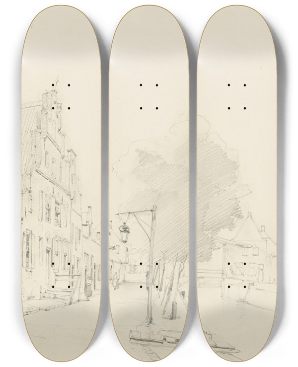 Triptych art skateboard deck of Cornelis Springer Gezicht Op De Gracht Te Hasselt_2 by Cornelis Springer (1817-1891)