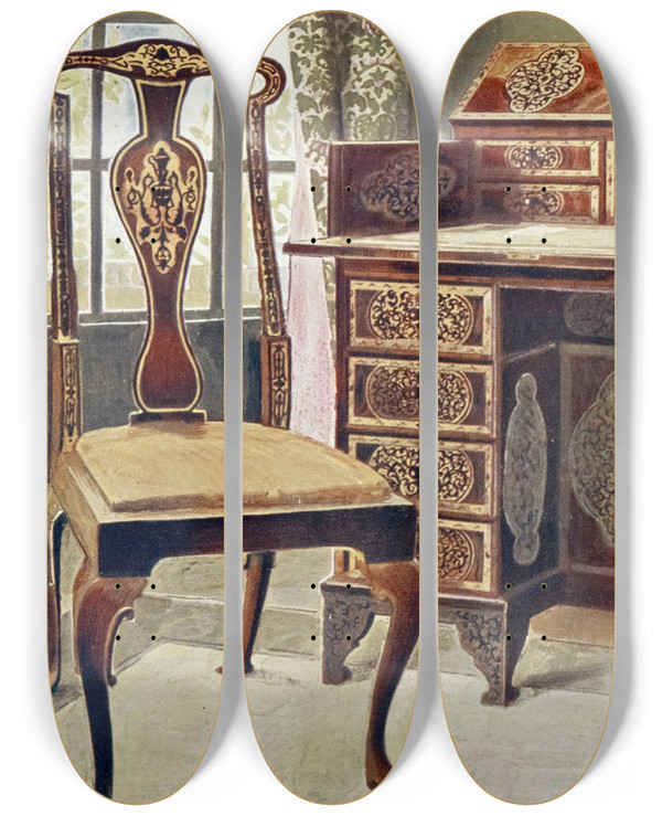 Triptych art skateboard deck of Edwin Foley Walnut Inlaid Writingtable by Edwin Foley (1859-1912)