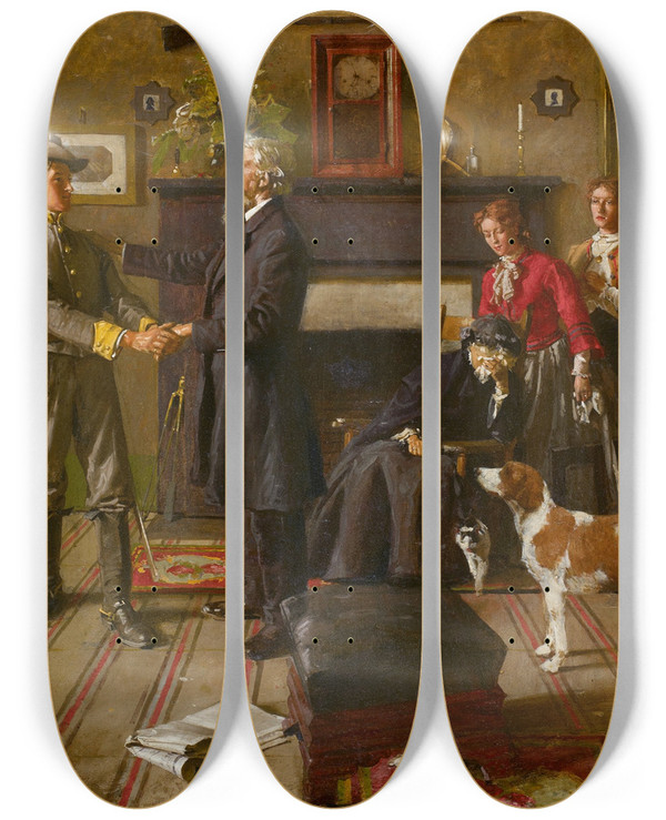 Triptych art skateboard deck of William Gilbert Gaul Leaving Home by William Gilbert Gaul (1855-1919)